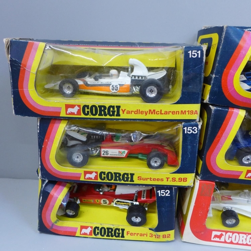 662 - A collection of nine vintage Corgi die-cast Formula 1 model racing cars, boxed
