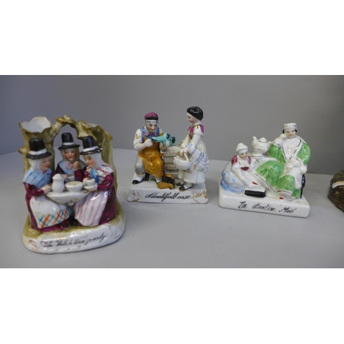 667 - Five figure groups, two stamped Made in Germany, one Welsh Tea Party figure a/f
