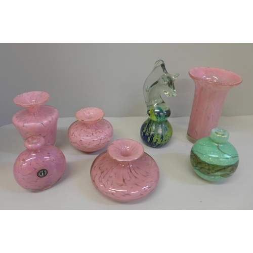 676 - Seven items of Maltese glass: three pink mottled vases, a marbled globe vase and a seahorse paperwei... 