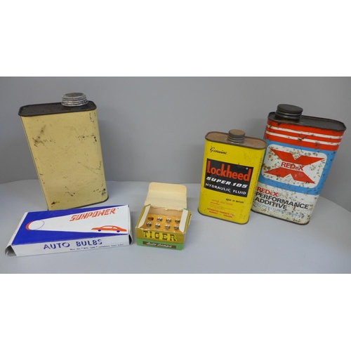 682 - Three oil cans, Shell, Lockheed and Redex, two with contents and two boxed sets of automotive bulbs