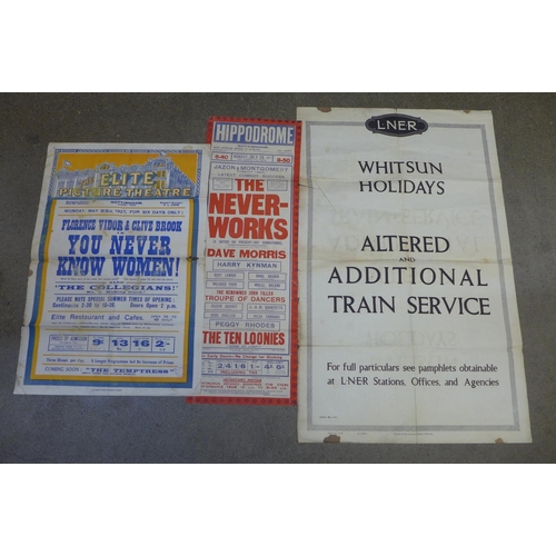 698 - Two vintage 1920's Nottingham Theatre posters and a LNER train poster