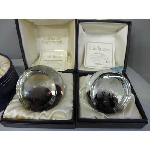702 - Royal Family paperweights; three Caithness, one Whitefriars and one Swarovski