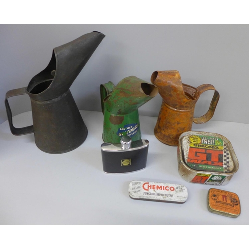 726 - Three oil pourers including Halfords, Gulf, etc., and small tins, two with contents