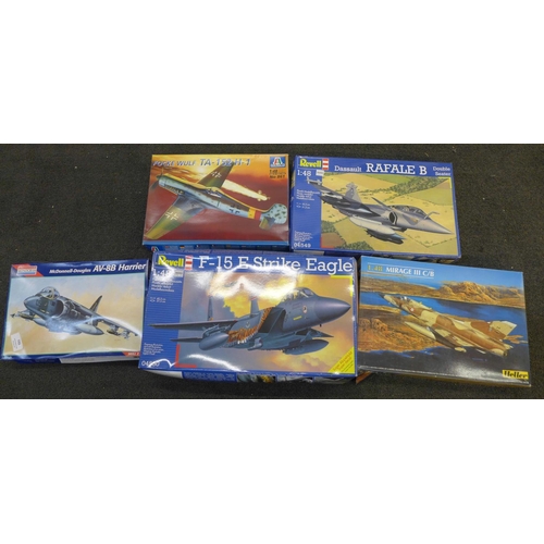 731 - Five model aeroplane kits including Revell, Keller, Italeri and Monogram, some with after market det... 