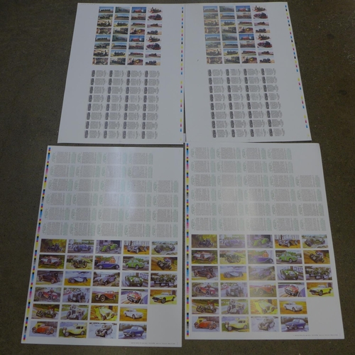 745 - Four uncut proof sheets of Grandee Cigarette Lyons Maid cards; MG Marques and famous locomotives