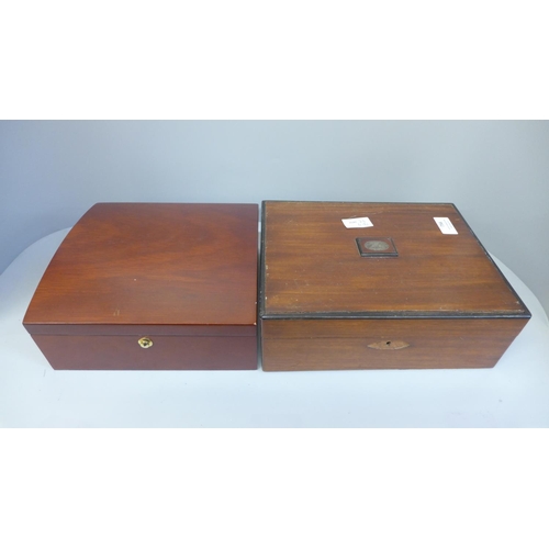 756 - An Edwardian sewing box and one other box with a VE Day cracker, stamps, etc.