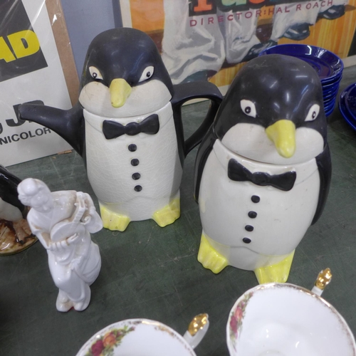 785A - Royal Albert Old Country Roses tea ware and two Price Kensington pottery penguins, storage jar and t... 