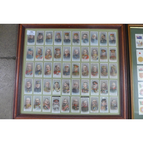 806 - Two framed sets of cigarette cards, flag and military themed