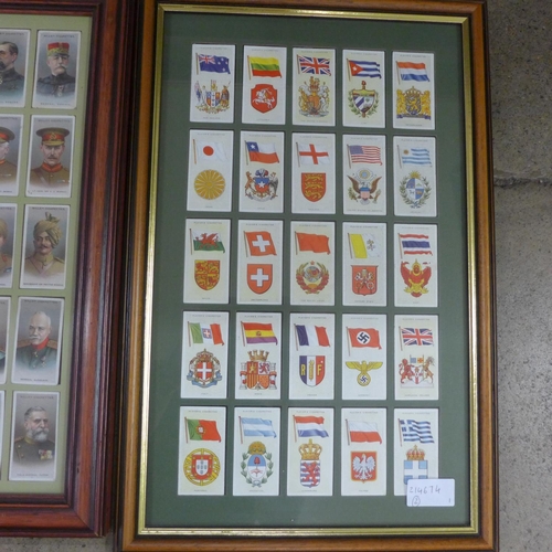 806 - Two framed sets of cigarette cards, flag and military themed