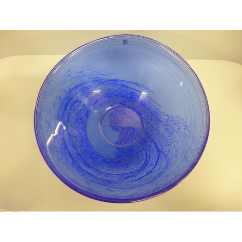 809 - Norwegian glass; a Hadeland large 30cm diameter bowl with blue and white coloured streaks and applie... 