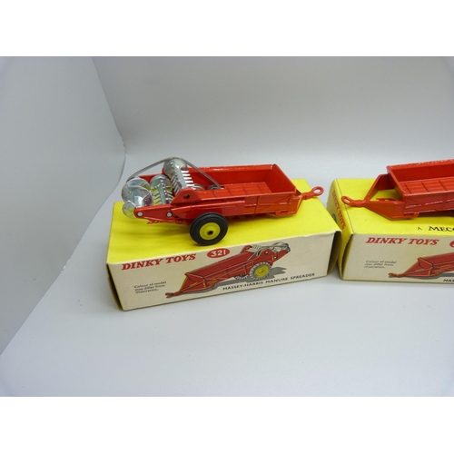 850 - Three Dinky Toys 321 Massey-Harris Manure Spreaders, boxed, (old shop stock)