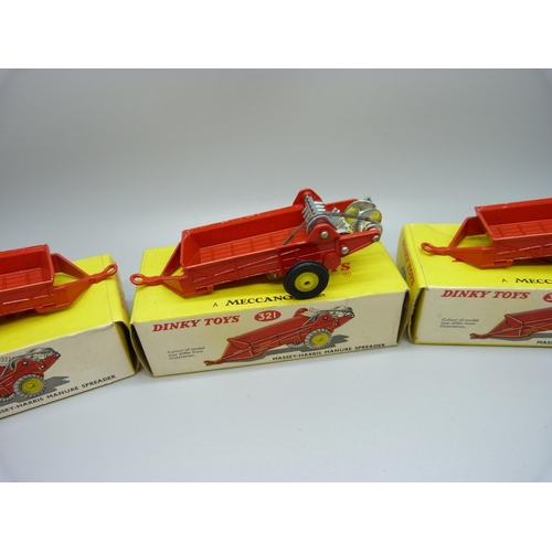 850 - Three Dinky Toys 321 Massey-Harris Manure Spreaders, boxed, (old shop stock)