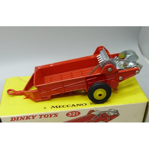 850 - Three Dinky Toys 321 Massey-Harris Manure Spreaders, boxed, (old shop stock)