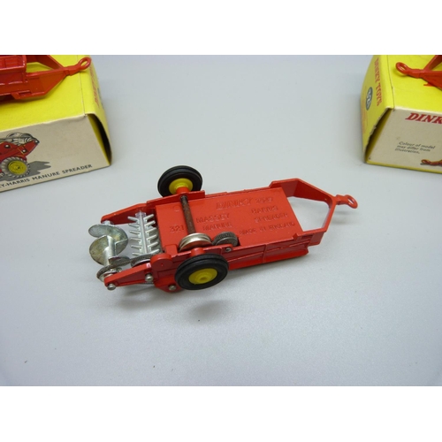 850 - Three Dinky Toys 321 Massey-Harris Manure Spreaders, boxed, (old shop stock)