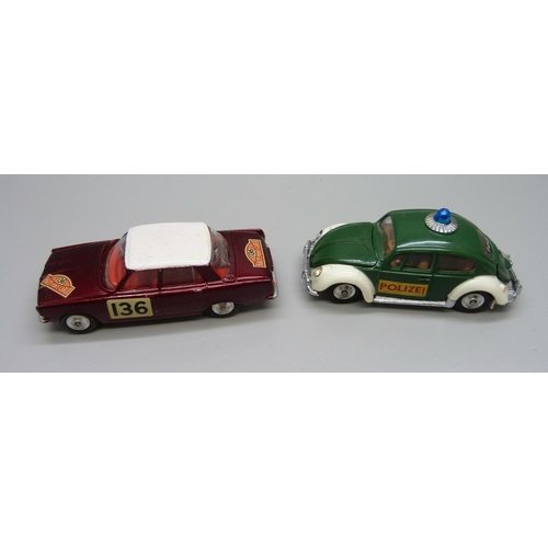 851 - Two Corgi Toys, 322 Rover 2000 in Monte-Carlo Trim and Volkswagen European Police Car, both boxed, (... 