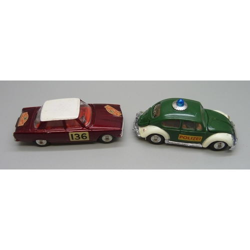 851 - Two Corgi Toys, 322 Rover 2000 in Monte-Carlo Trim and Volkswagen European Police Car, both boxed, (... 