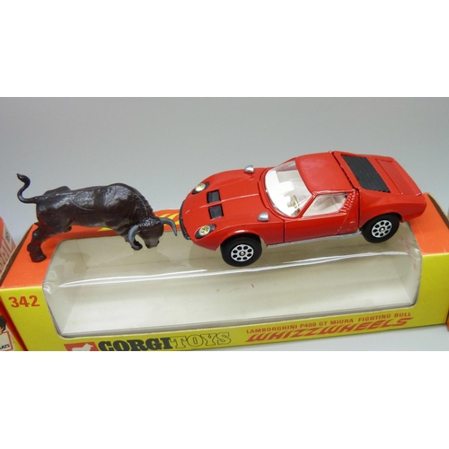 853 - Three Corgi Toys Whizzwheels, 165, 372 and 342 Lamborghini P400 GT Miura Fighting Bull, boxed, (old ... 