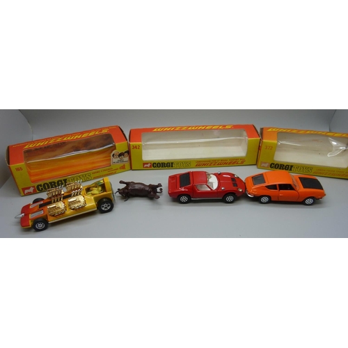 853 - Three Corgi Toys Whizzwheels, 165, 372 and 342 Lamborghini P400 GT Miura Fighting Bull, boxed, (old ... 