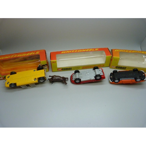 853 - Three Corgi Toys Whizzwheels, 165, 372 and 342 Lamborghini P400 GT Miura Fighting Bull, boxed, (old ... 