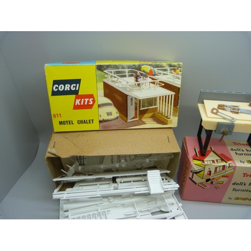 855 - A Corgi Kits 611 Motel Chalet, two Tri-ang by Spot-On Doll's House Furniture, a Britain's petrol pum... 