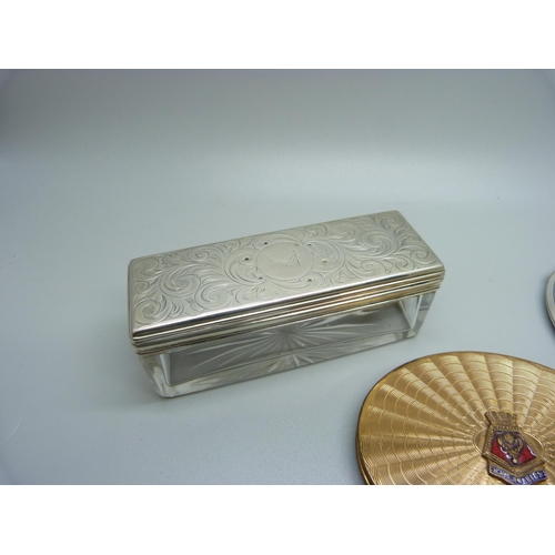 880 - A silver Art Deco style compact, an HMS Raleigh compact and a Victorian silver topped glass pot