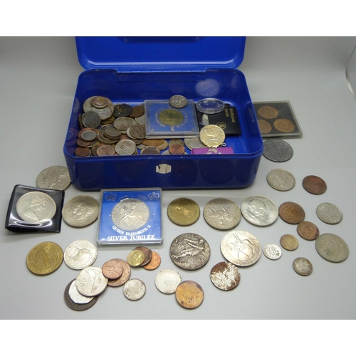 905 - A cash tin with commemorative crowns and other coins