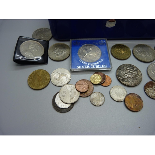 905 - A cash tin with commemorative crowns and other coins