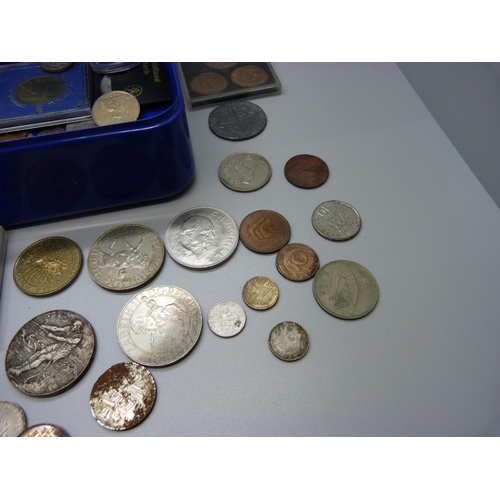 905 - A cash tin with commemorative crowns and other coins