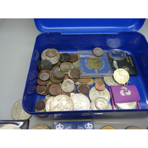 905 - A cash tin with commemorative crowns and other coins