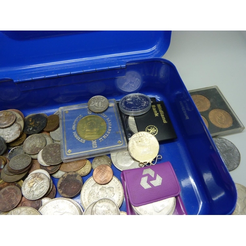 905 - A cash tin with commemorative crowns and other coins