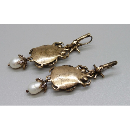 958 - A pair of scarab drop earrings