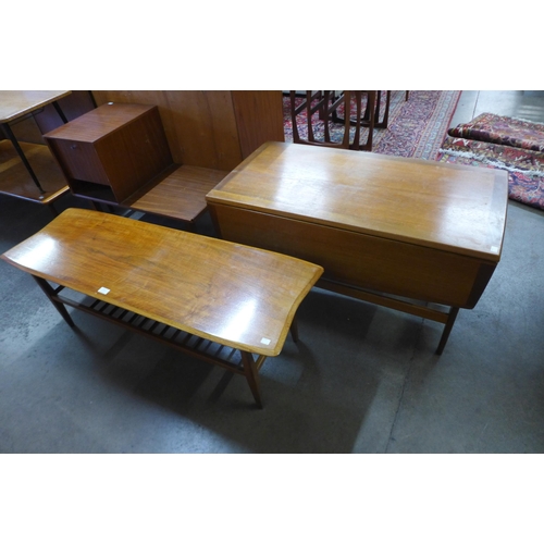 111 - Two teak coffee tables and a telephone seat