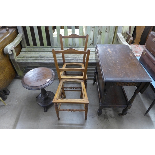 274 - An oak trolley, a circular mahogany occasional table and two chairs