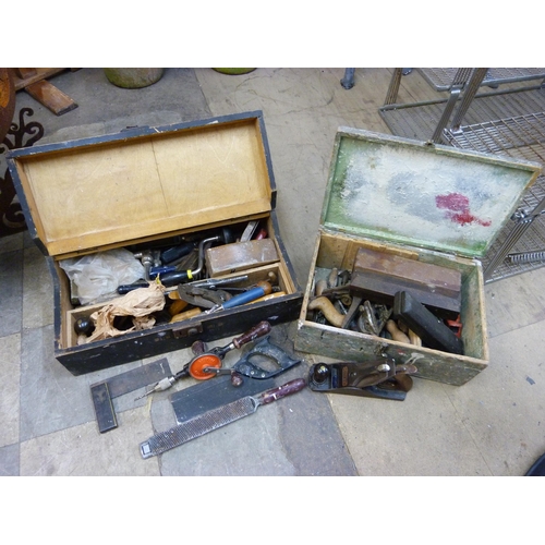 319 - Two vintage tool boxes with assorted tools and a kitchen stool