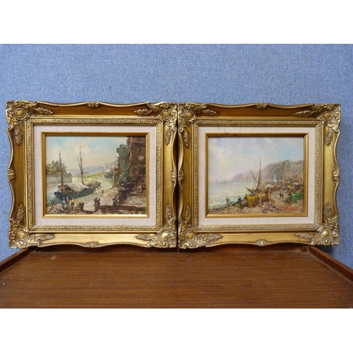 340 - A pair of continental harbour scene landscapes, oil on canvas, indistinctly signed, framed