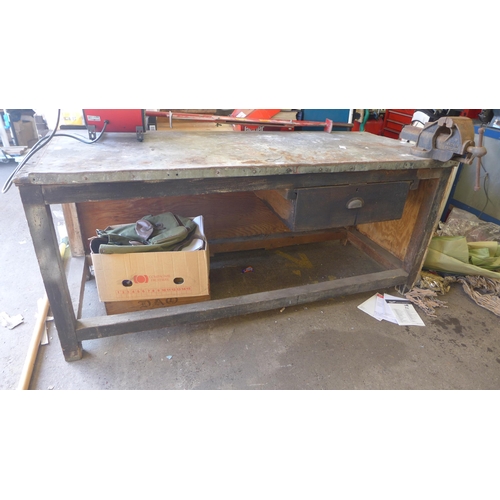 2085 - 7ft metal topped work bench with Record No34 quick release bench vice (requires 2 people to collect)