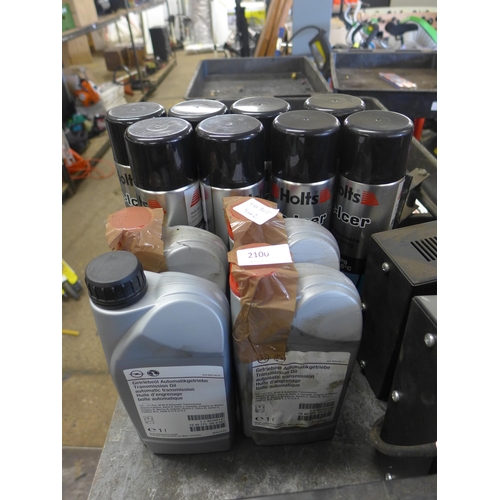 2100 - Four part bottles of transmission oil and eight cans of de-icer. This lot is subject to VAT*