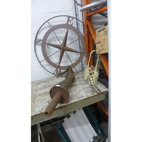 2248 - Cast metal water hydrant, 50cm metal compass face and other metal decorative items