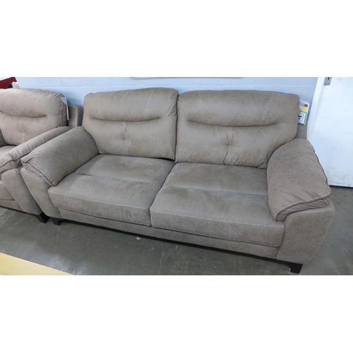 1382 - A Titan earth upholstered with beige stitching, three seater sofa and love seat * this lot is subjec... 