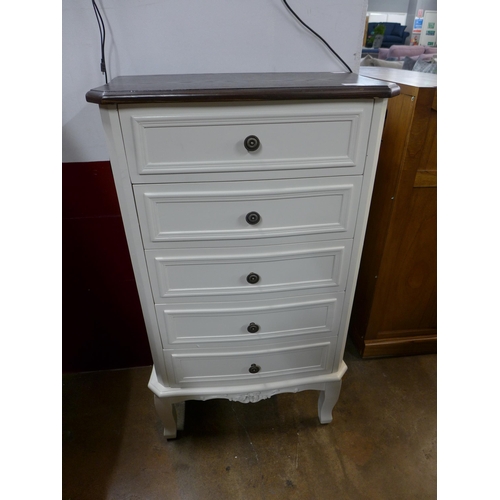 1385 - A white five drawer tallboy with contrasting top
