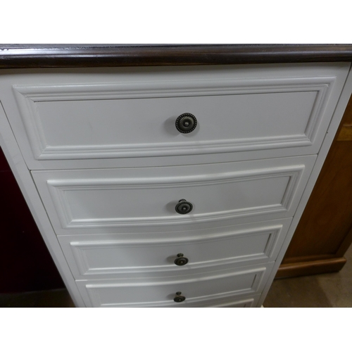 1385 - A white five drawer tallboy with contrasting top
