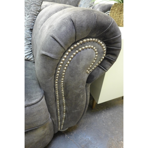 1410 - A Dynasty dark grey velvet and studded three seater sofa and love seat * this lot is subject to VAT