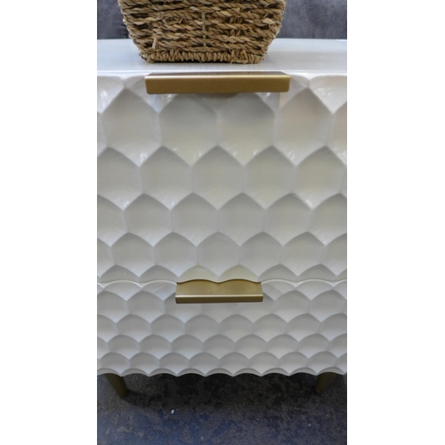 1411 - A white two drawer bedside with gold legs