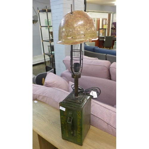 1420 - An upcycled helmet and ammo box table lamp, H 80cms (HD856441)   #