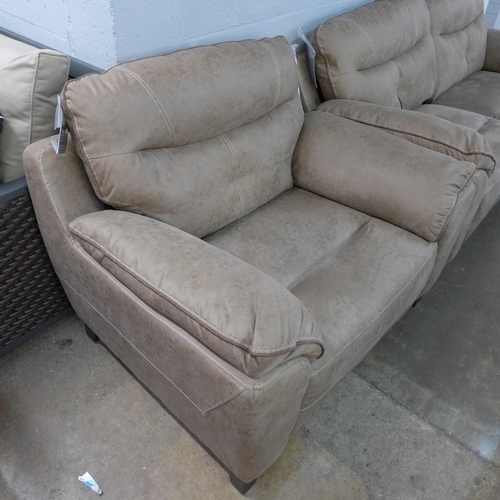 1382 - A Titan earth upholstered with beige stitching, three seater sofa and love seat * this lot is subjec... 