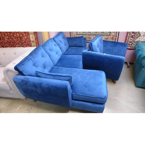 1488 - A blue velvet Hoxton corner sofa/chaise and armchair