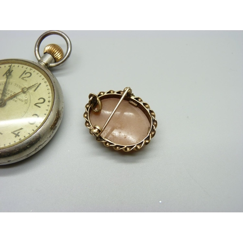 1006 - A 9ct gold cameo brooch, 6.6g, a Railway Timekeeper pocket watch, a silver thimble and a china brooc... 