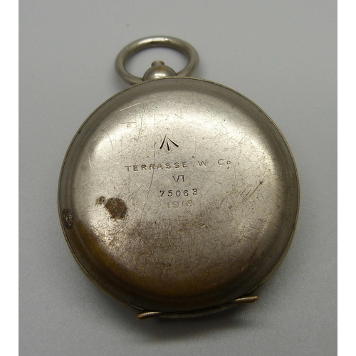 1011 - A WWI British compass, the case marked with broad arrow, Terrasse. W. Co., VI, 75063, 1918