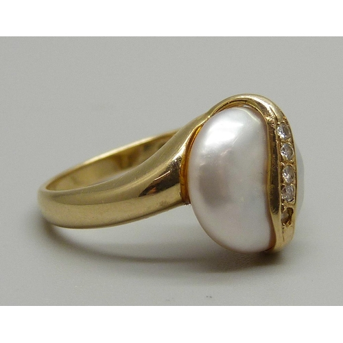 1053 - A 14ct gold, pearl and diamond ring, lacking one stone, 4.2g, N