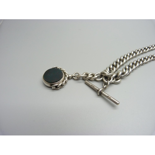 1075 - A silver double Albert watch chain with silver and carnelian/bloodstone fob, each graduated link mar... 